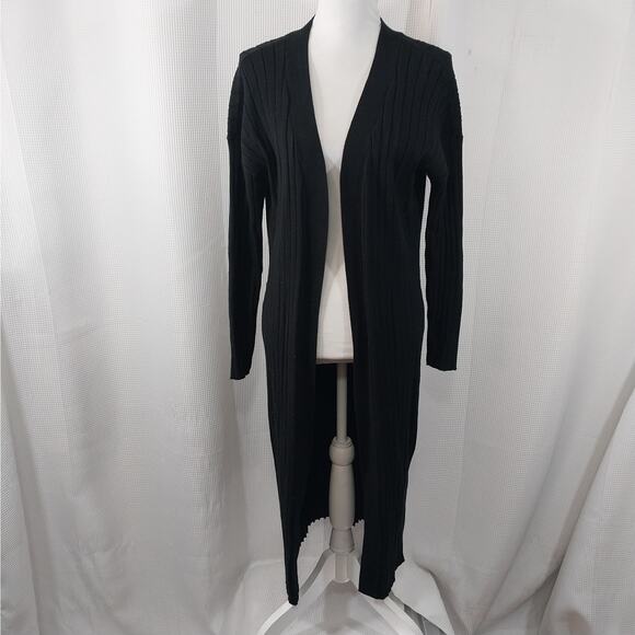 JUSTFAB! ULTRA BLACK RIBBED DUSTER LENGTH CARDIGAN, LONG SLEEVE SWEATER! SZ S - Picture 3 of 13